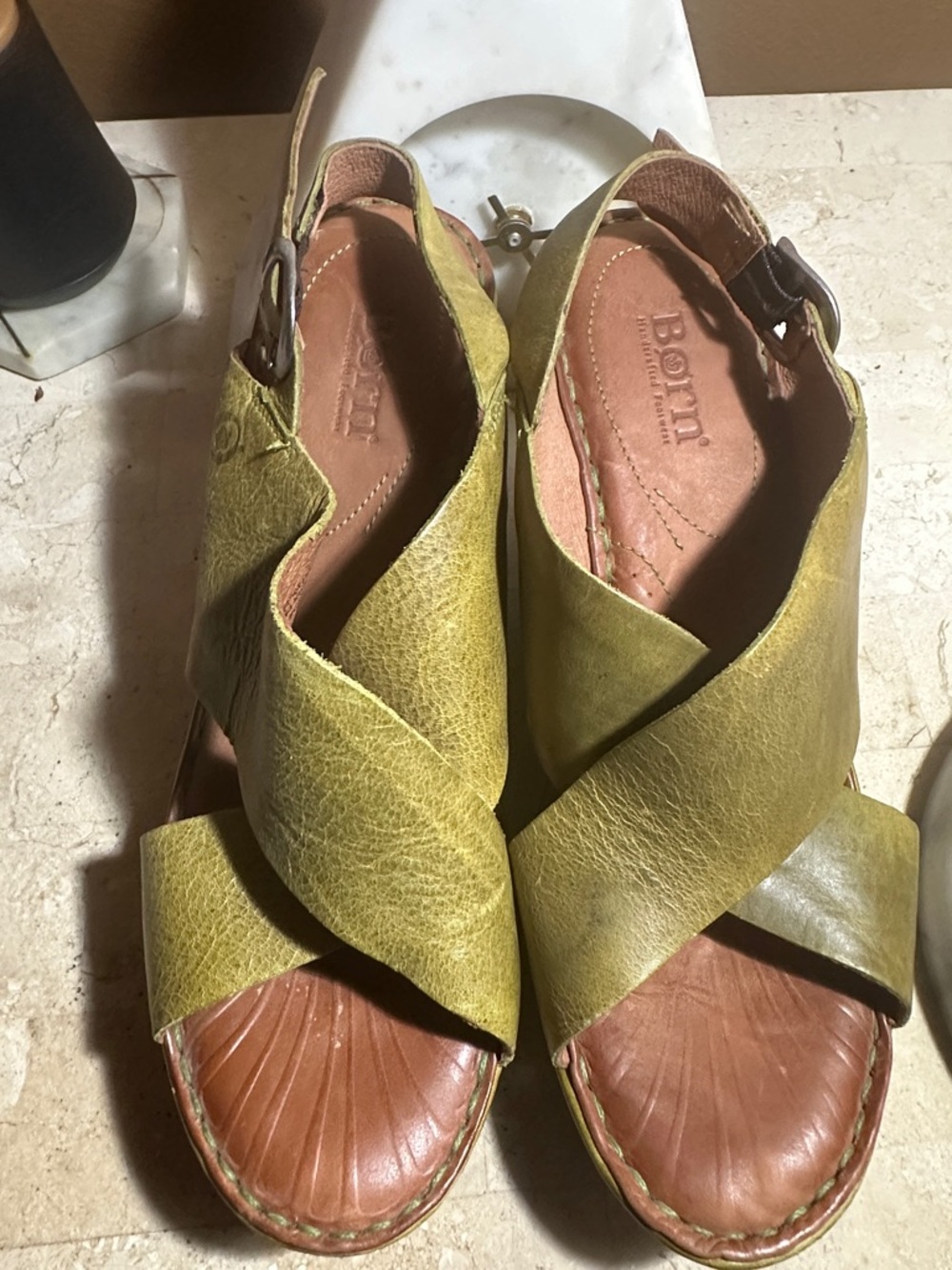 Born Olive Leather Crisscross Slingback Sandals